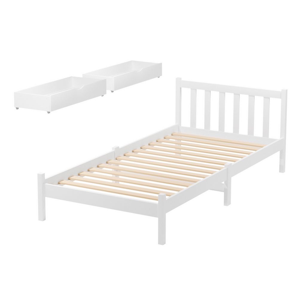Artiss Bed Frame Single Size Wooden Platform with 2 Storage Drawers White SOFIE-Furniture > Bedroom > Beds &amp; Bed Frames-PEROZ Accessories