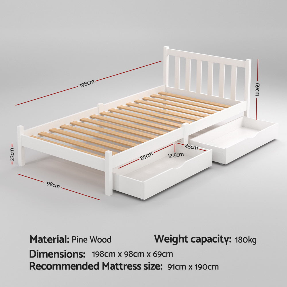 Artiss Bed Frame Single Size Wooden Platform with 2 Storage Drawers White SOFIE-Furniture &gt; Bedroom &gt; Beds &amp; Bed Frames-PEROZ Accessories