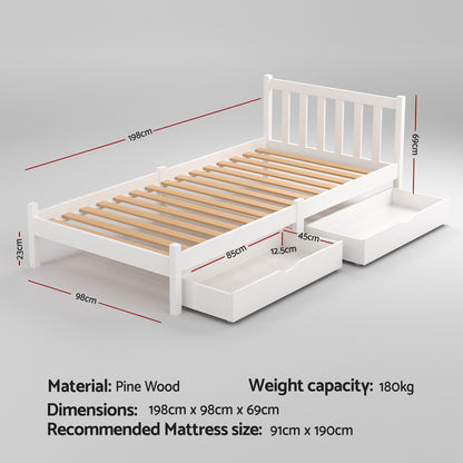Artiss Bed Frame Single Size Wooden Platform with 2 Storage Drawers White SOFIE-Furniture &gt; Bedroom &gt; Beds &amp; Bed Frames-PEROZ Accessories