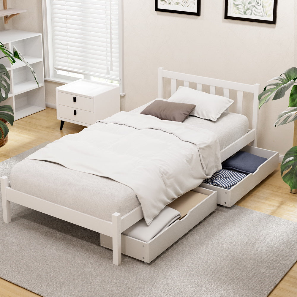 Artiss Bed Frame Single Size Wooden Platform with 2 Storage Drawers White SOFIE-Furniture &gt; Bedroom &gt; Beds &amp; Bed Frames-PEROZ Accessories