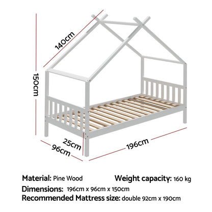 Artiss Bed Frame Wooden Base Kids Single Timber House Beds White-Furniture &gt; Bedroom &gt; Beds &amp; Bed Frames-PEROZ Accessories