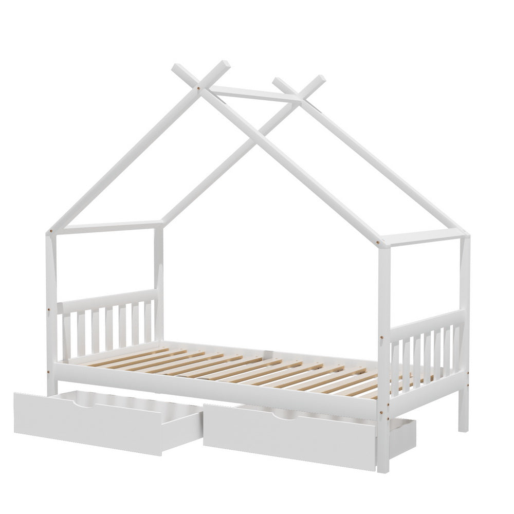 Artiss Bed Frame Wooden Base Kids Single Timber House with 2 Storage Drawers Beds White-Furniture &gt; Bedroom &gt; Beds &amp; Bed Frames-PEROZ Accessories