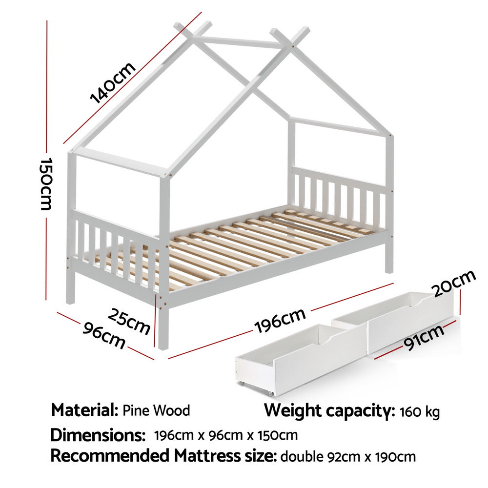Artiss Bed Frame Wooden Base Kids Single Timber House with 2 Storage Drawers Beds White-Furniture &gt; Bedroom &gt; Beds &amp; Bed Frames-PEROZ Accessories