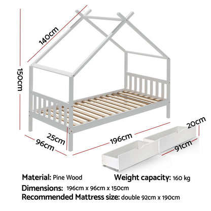 Artiss Bed Frame Wooden Base Kids Single Timber House with 2 Storage Drawers Beds White-Furniture &gt; Bedroom &gt; Beds &amp; Bed Frames-PEROZ Accessories