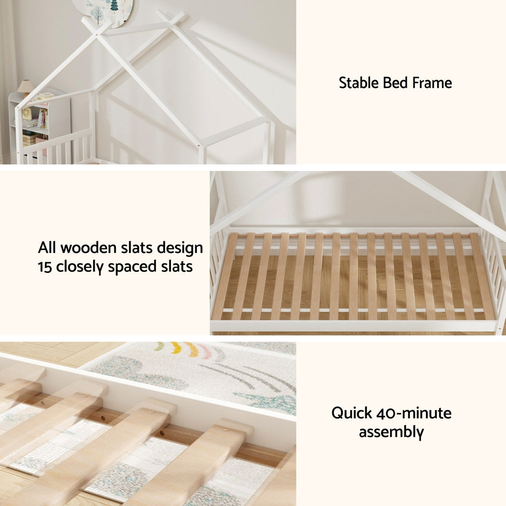 Artiss Bed Frame Wooden Base Kids Single Timber House with 2 Storage Drawers Beds White-Furniture &gt; Bedroom &gt; Beds &amp; Bed Frames-PEROZ Accessories