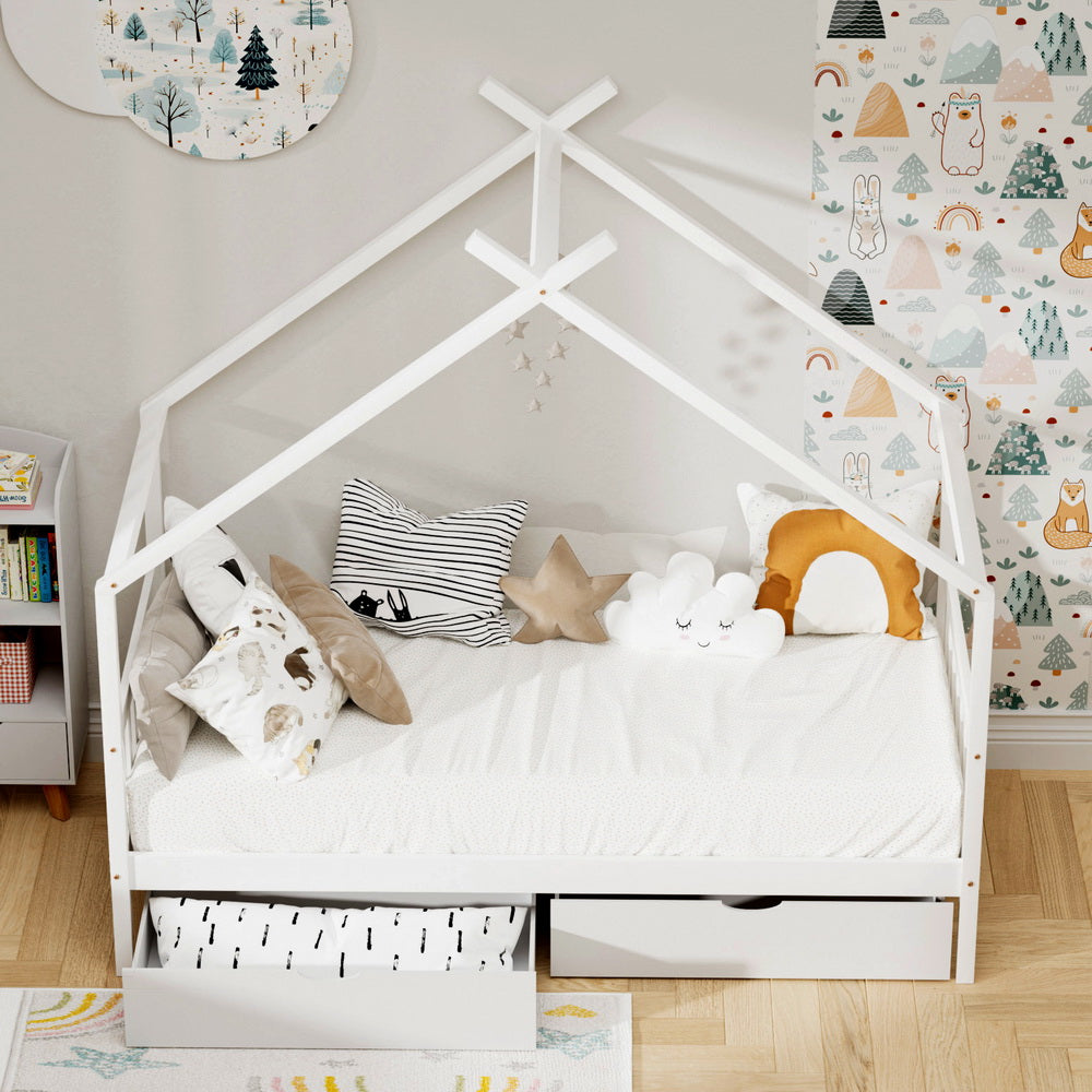 Artiss Bed Frame Wooden Base Kids Single Timber House with 2 Storage Drawers Beds White-Furniture &gt; Bedroom &gt; Beds &amp; Bed Frames-PEROZ Accessories