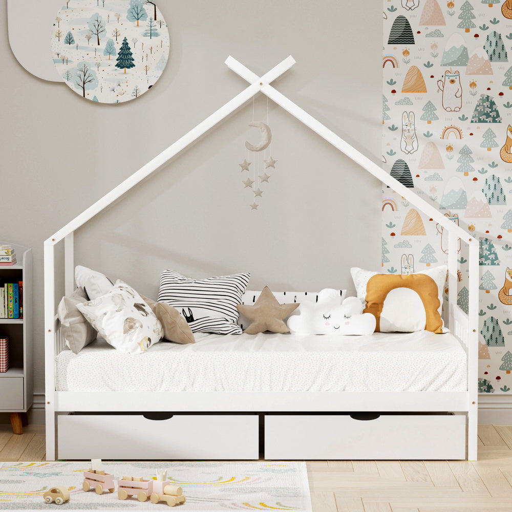 Artiss Bed Frame Wooden Base Kids Single Timber House with 2 Storage Drawers Beds White-Furniture &gt; Bedroom &gt; Beds &amp; Bed Frames-PEROZ Accessories