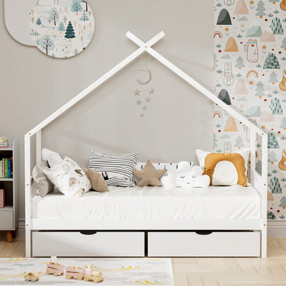 Artiss Bed Frame Wooden Base Kids Single Timber House with 2 Storage Drawers Beds White-Furniture &gt; Bedroom &gt; Beds &amp; Bed Frames-PEROZ Accessories