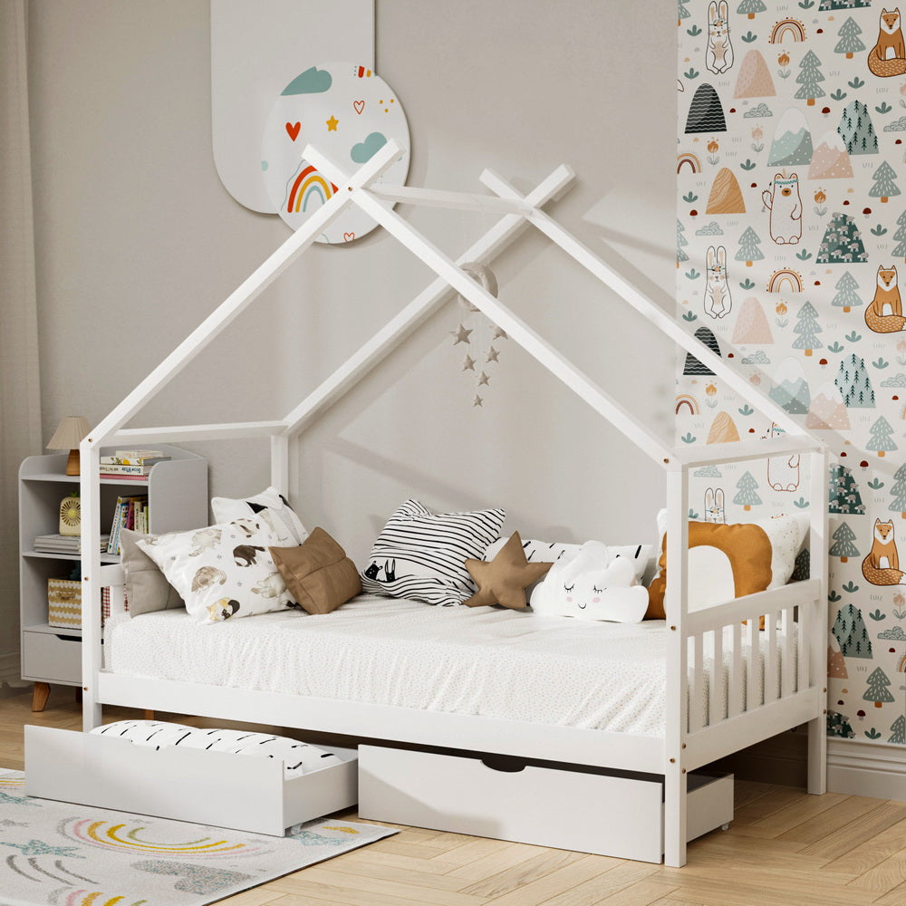 Artiss Bed Frame Wooden Base Kids Single Timber House with 2 Storage Drawers Beds White-Furniture &gt; Bedroom &gt; Beds &amp; Bed Frames-PEROZ Accessories