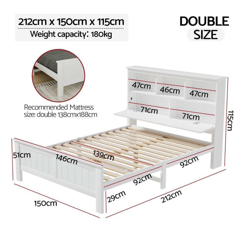 Artiss Bed Frame Double Size Wooden with 3 Shelves Bed Head White-Furniture &gt; Bedroom &gt; Beds &amp; Bed Frames-PEROZ Accessories