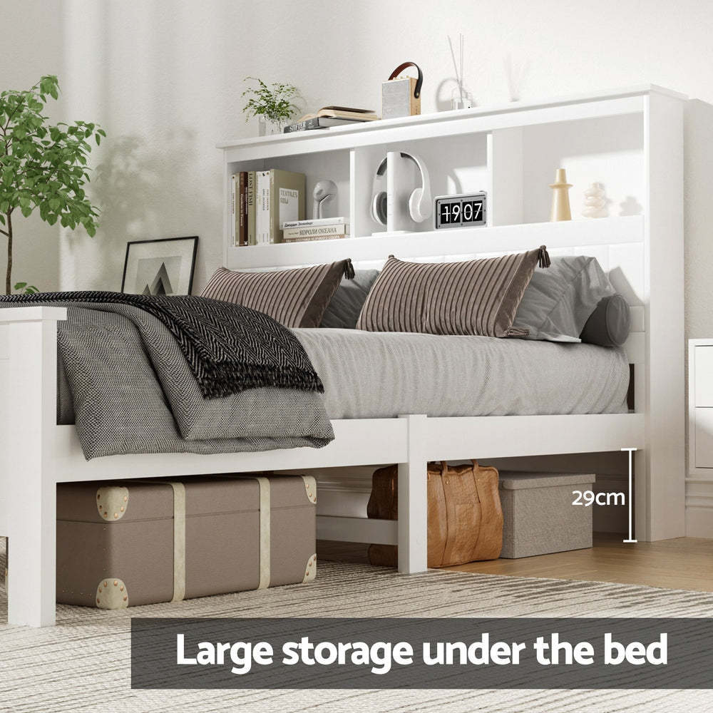 Artiss Bed Frame Double Size Wooden with 3 Shelves Bed Head White-Furniture &gt; Bedroom &gt; Beds &amp; Bed Frames-PEROZ Accessories