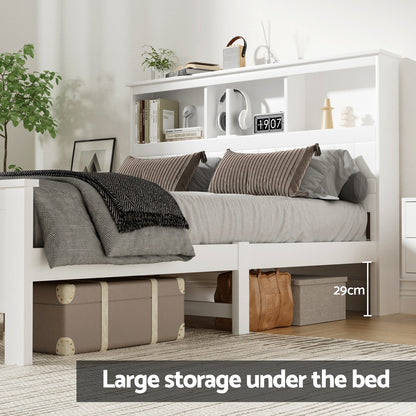 Artiss Bed Frame Double Size Wooden with 3 Shelves Bed Head White-Furniture &gt; Bedroom &gt; Beds &amp; Bed Frames-PEROZ Accessories
