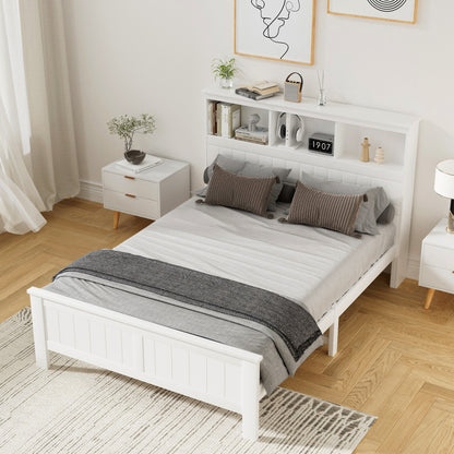 Artiss Bed Frame Double Size Wooden with 3 Shelves Bed Head White-Furniture &gt; Bedroom &gt; Beds &amp; Bed Frames-PEROZ Accessories