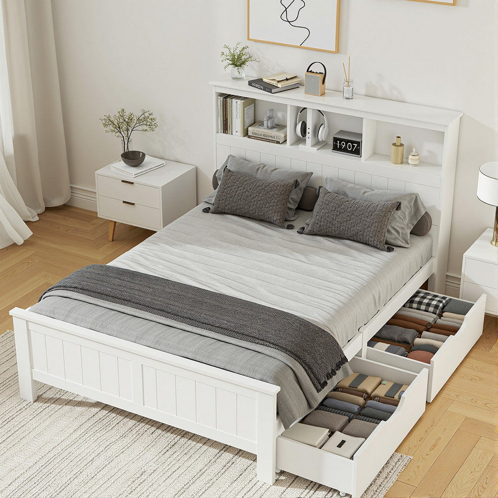 Artiss Bed Frame Double Size Wooden with 3 Shelves Bed Head White-Furniture &gt; Bedroom &gt; Beds &amp; Bed Frames-PEROZ Accessories