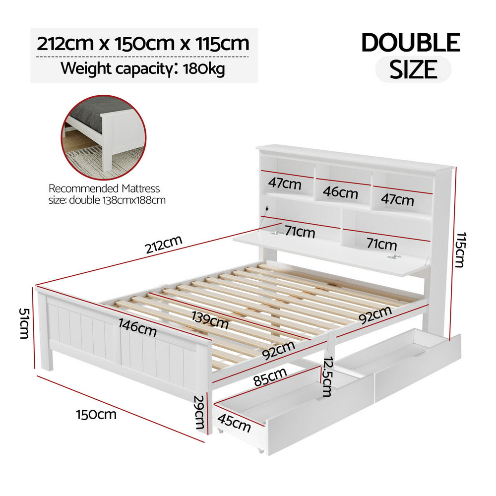 Artiss Bed Frame Double Size Wooden with 3 Shelves Bed Head White-Furniture &gt; Bedroom &gt; Beds &amp; Bed Frames-PEROZ Accessories