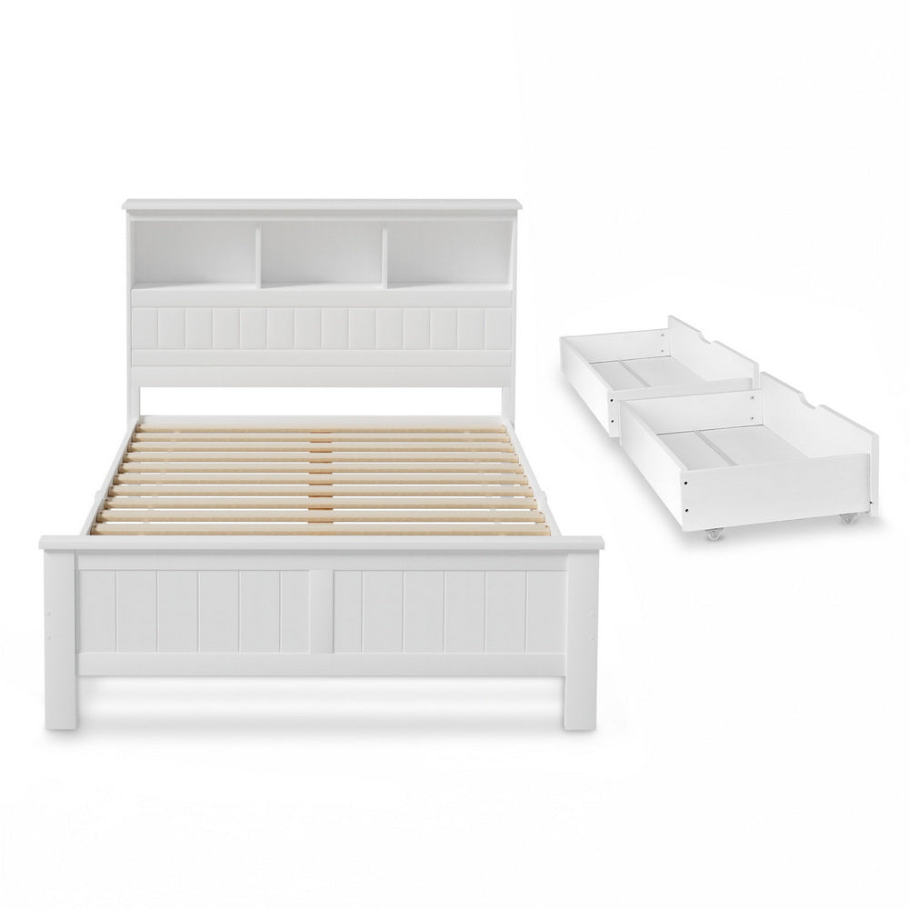 Artiss Bed Frame Double Size Wooden with 3 Shelves Bed Head White-Furniture &gt; Bedroom &gt; Beds &amp; Bed Frames-PEROZ Accessories