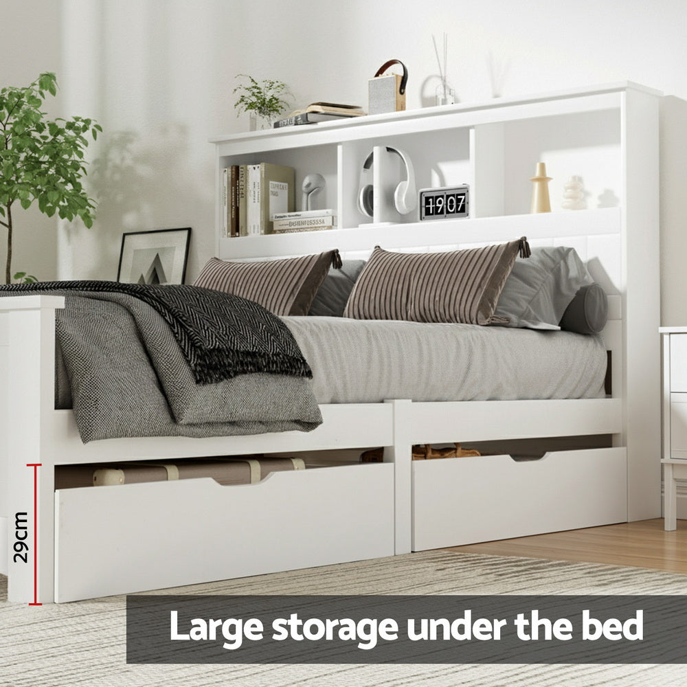 Artiss Bed Frame Double Size Wooden with 3 Shelves Bed Head White-Furniture &gt; Bedroom &gt; Beds &amp; Bed Frames-PEROZ Accessories