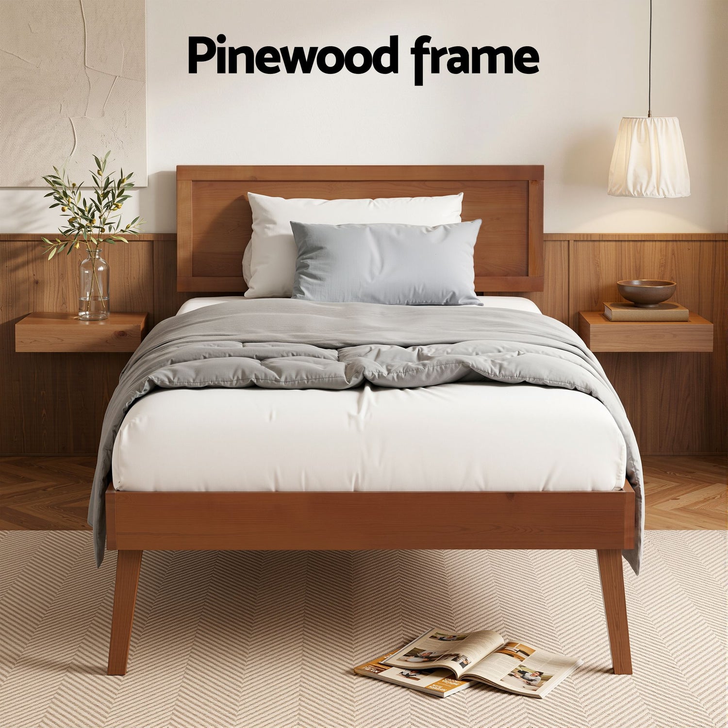 Artiss Bed Frame Single Size Wooden Bed Base Walnut SPLAY-Furniture > Bedroom-PEROZ Accessories