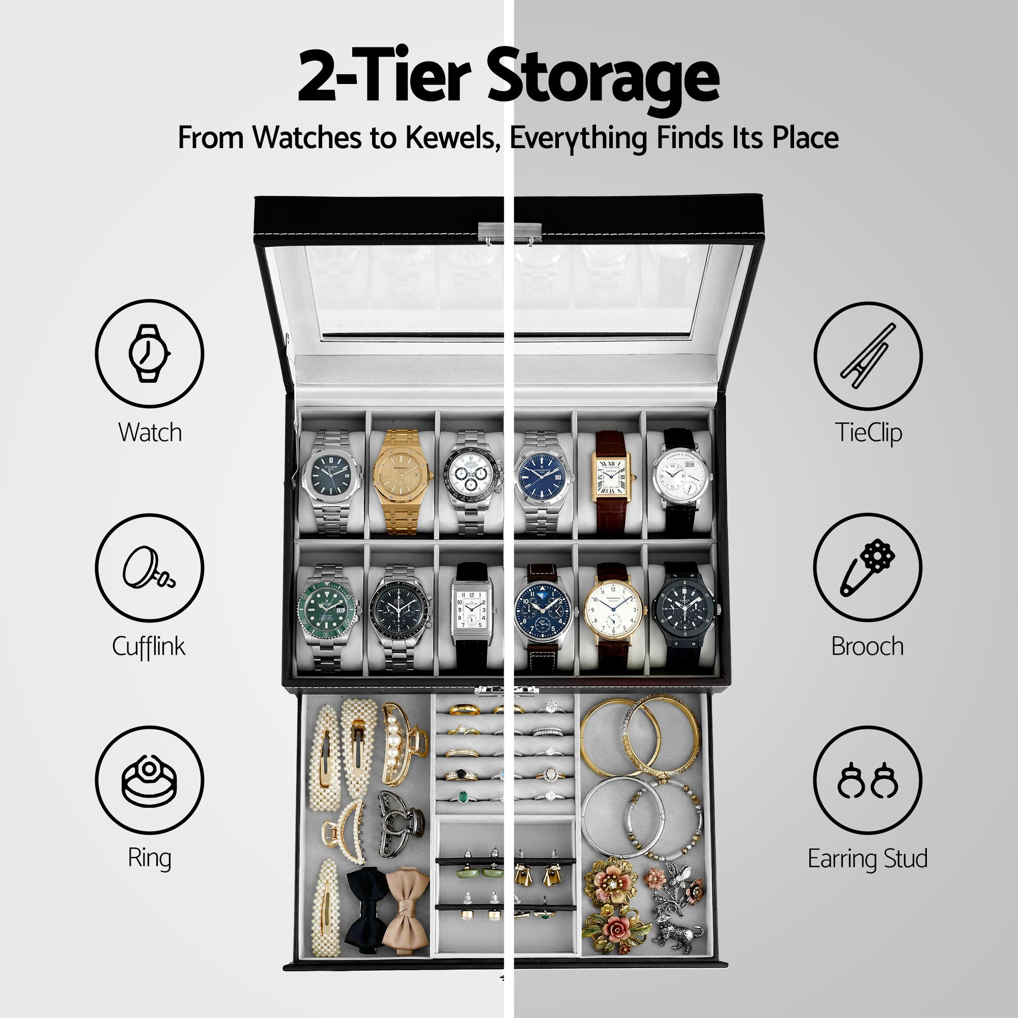 Embellir 12 Grids Watch Box Organizer Case Jewelry Display Storage Showcase-Fashion > Men&