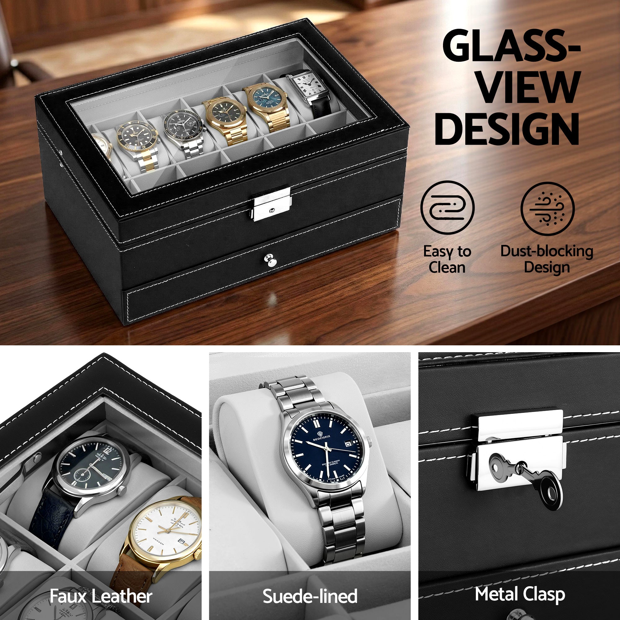 Embellir 12 Grids Watch Box Organizer Case Jewelry Display Storage Showcase-Fashion > Men&