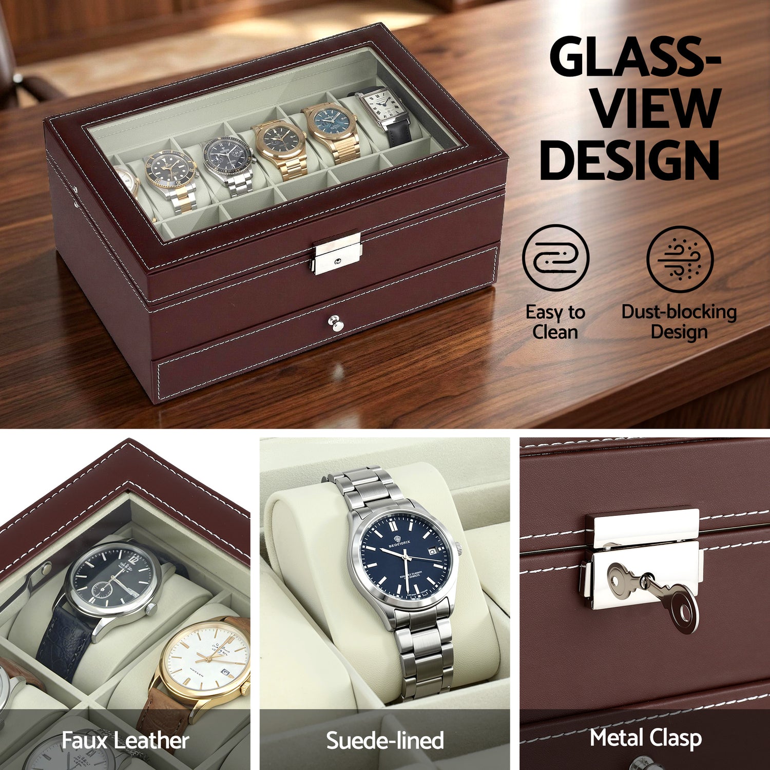 Embellir 12 Grids Watch Box Organizer Case Jewelry Display Storage Showcase-Fashion > Men&