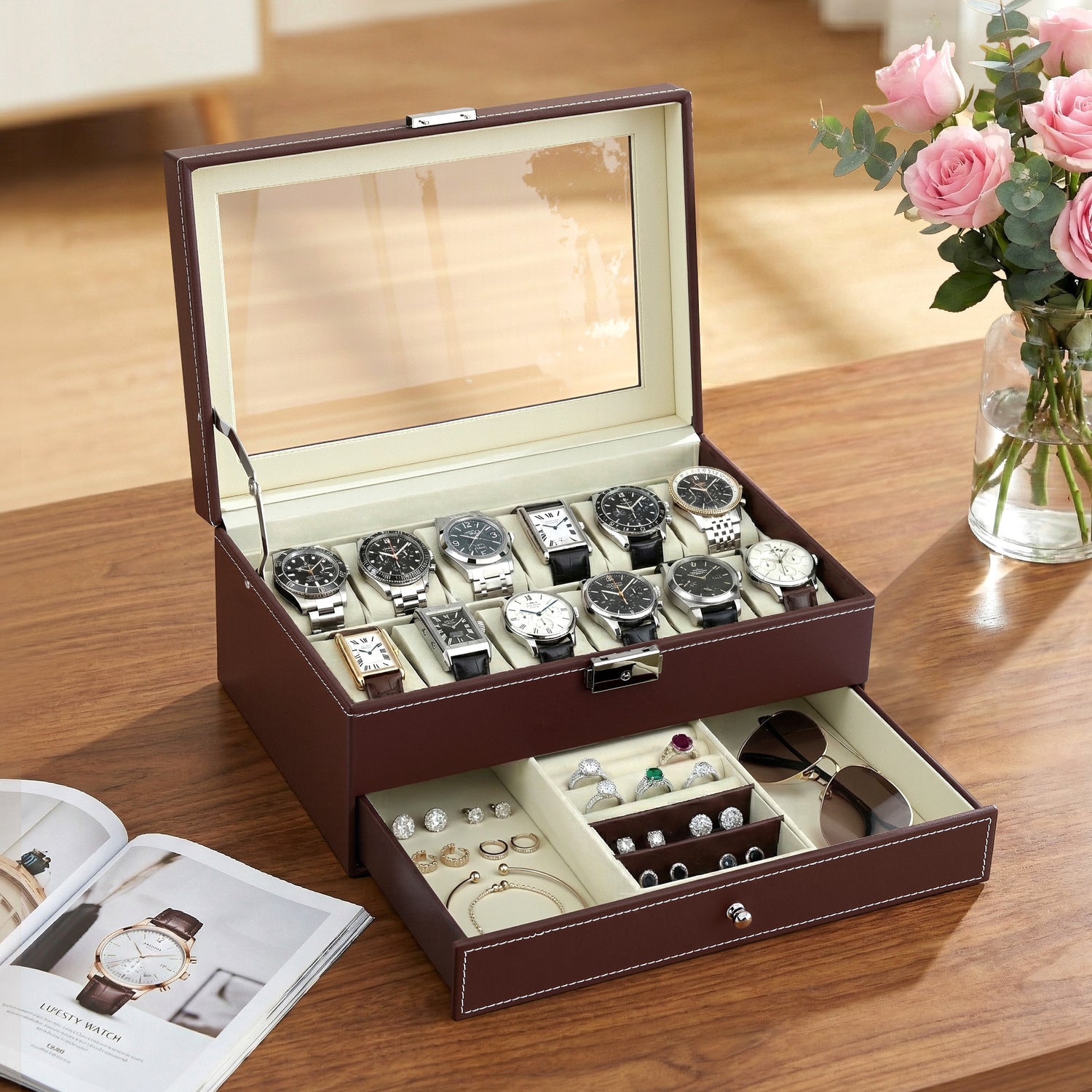 Embellir 12 Grids Watch Box Organizer Case Jewelry Display Storage Showcase-Fashion > Men&