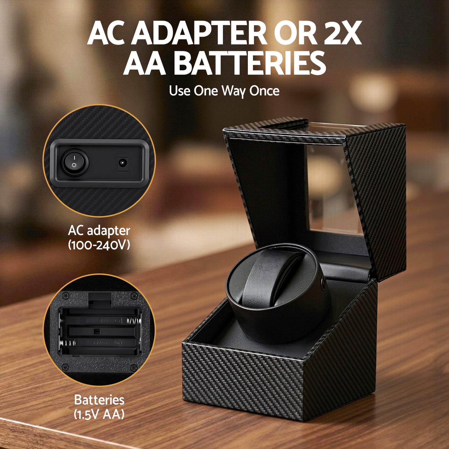 Embellir Watch Winder Box Automatic Single Quiet Carbon Fibre Black-Fashion > Men&