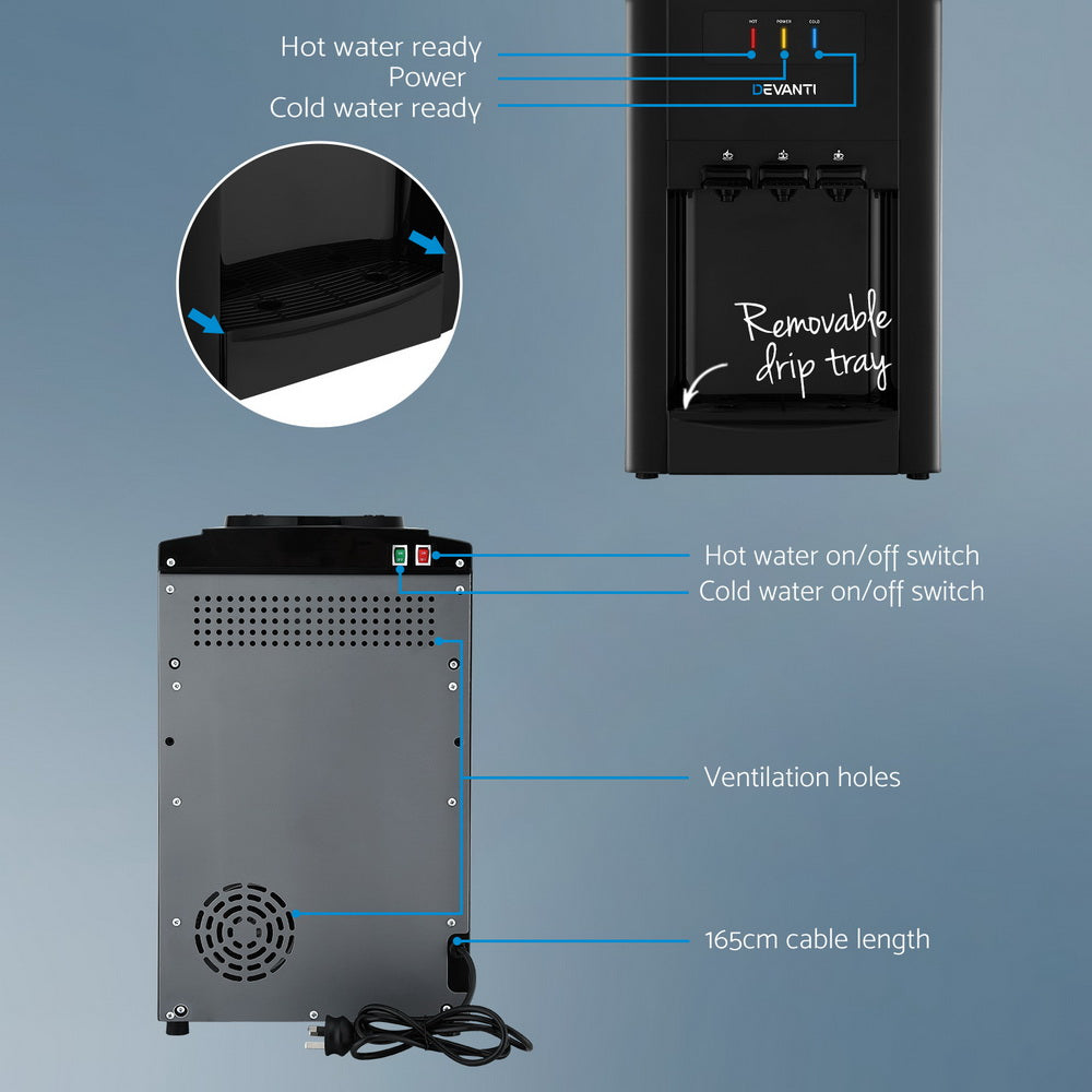 22L Devanti Water Cooler Dispenser Bench Top 3 Taps Chiller Filter Purifier Three Taps Balck-Appliances &gt; Kitchen Appliances &gt; Water Dispensers-PEROZ Accessories