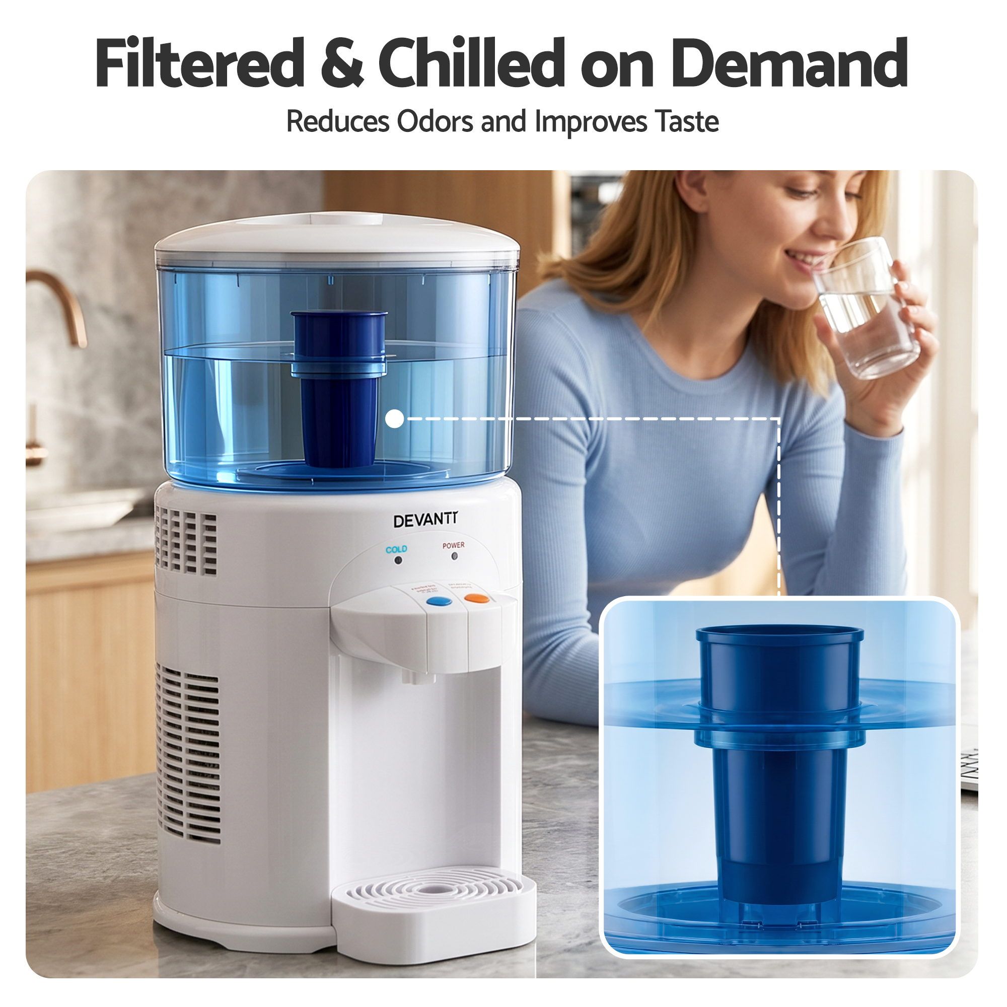 Devanti 5L Bench Top Water Cooler Dispenser with Filter 2 Taps Countertop Water Purifier-Appliances > Kitchen Appliances > Water Dispensers-PEROZ Accessories