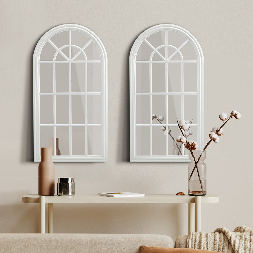 Oikiture 2PC Window Mirror Arched Wall Mirrors 76x51cm Wooden White-Window Mirror-PEROZ Accessories