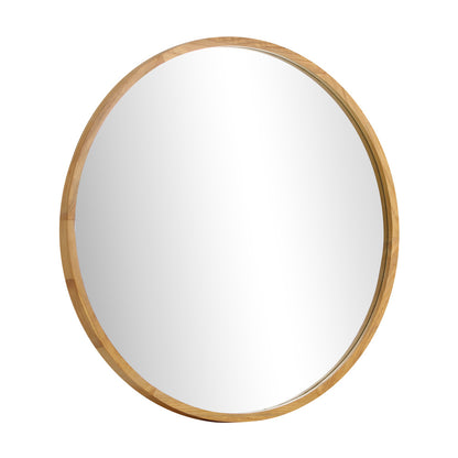 Oikiture Wall Mounted Mirror with Wood Frame 90cm Round Mirror for Living Room Bathroom Home Furniture-Wall Mirrors-PEROZ Accessories