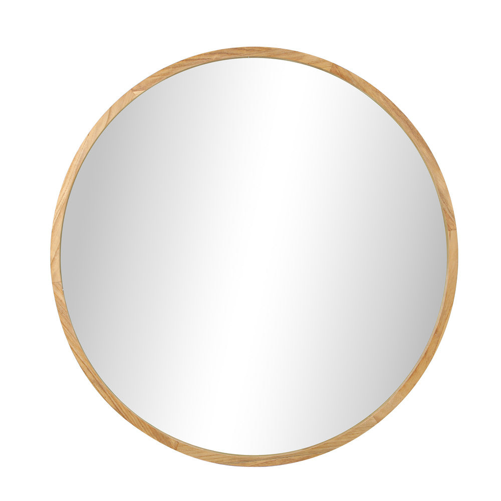 Oikiture Wall Mounted Mirror with Wood Frame 90cm Round Mirror for Living Room Bathroom Home Furniture-Wall Mirrors-PEROZ Accessories