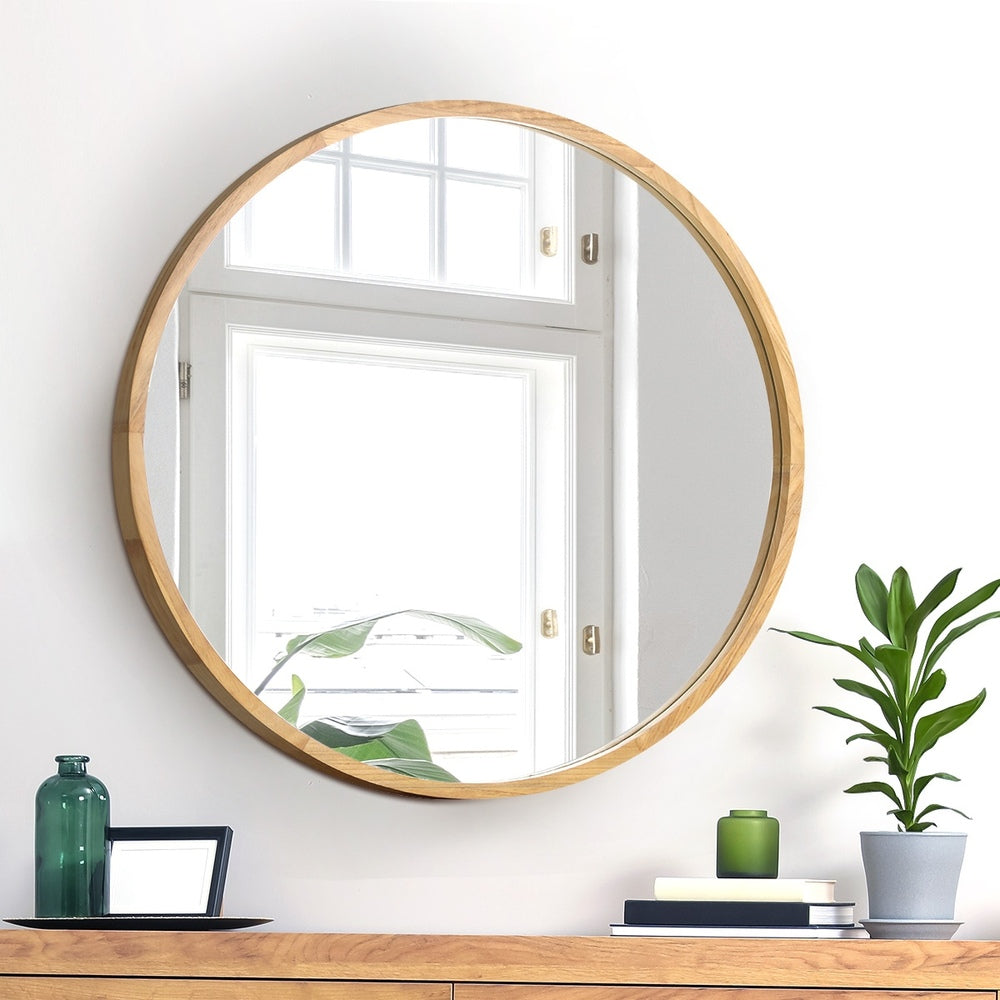 Oikiture Wall Mounted Mirror with Wood Frame 90cm Round Mirror for Living Room Bathroom Home Furniture-Wall Mirrors-PEROZ Accessories