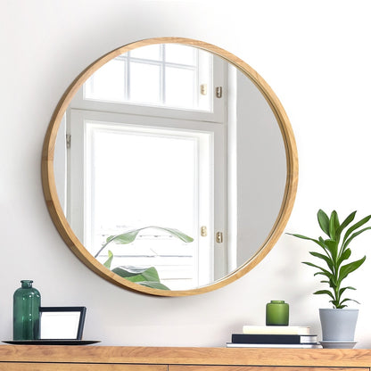 Oikiture Wall Mounted Mirror with Wood Frame 90cm Round Mirror for Living Room Bathroom Home Furniture-Wall Mirrors-PEROZ Accessories