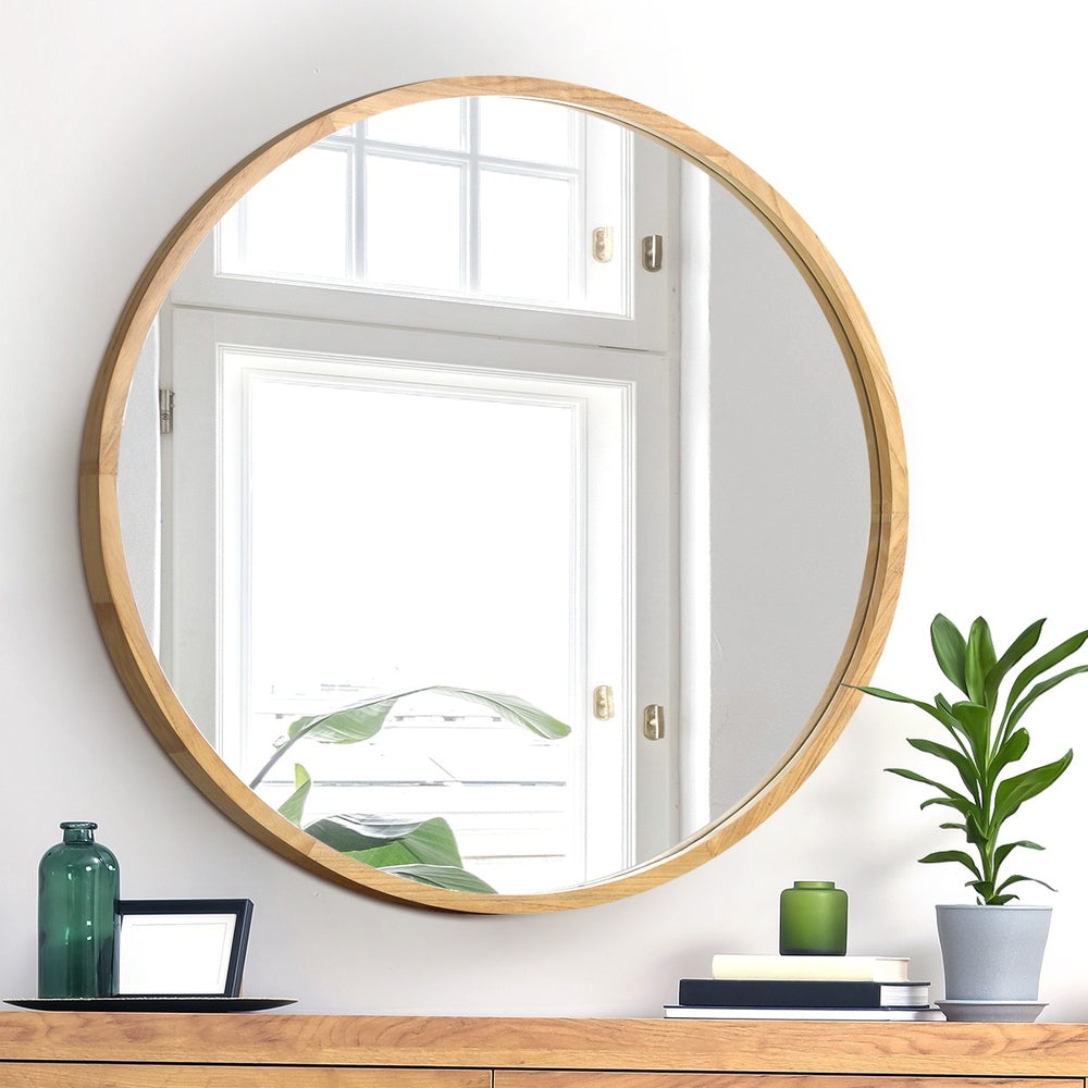 Oikiture Wall Mounted Mirror with Wood Frame 80cm Round Mirror for Living Room Bathroom Home Furniture-Wall Mirrors-PEROZ Accessories
