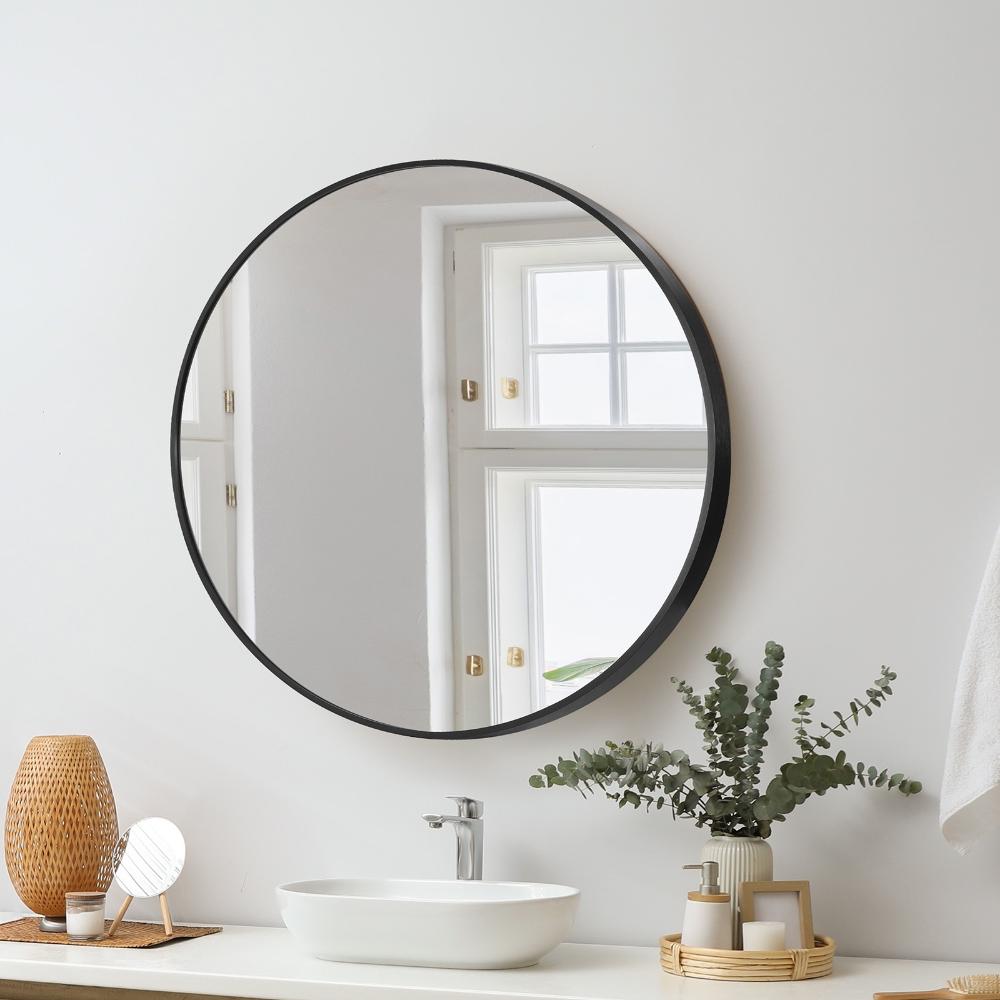 Oikiture 60cm Wall Mirrors Round Makeup Mirror Home Decro Black Living Room-Wall Mirrors-PEROZ Accessories