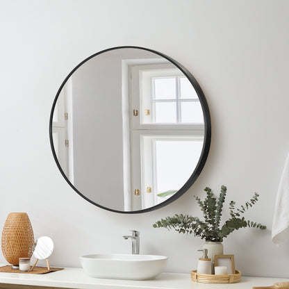 Oikiture 60cm Wall Mirrors Round Makeup Mirror Home Decro Black Living Room-Wall Mirrors-PEROZ Accessories