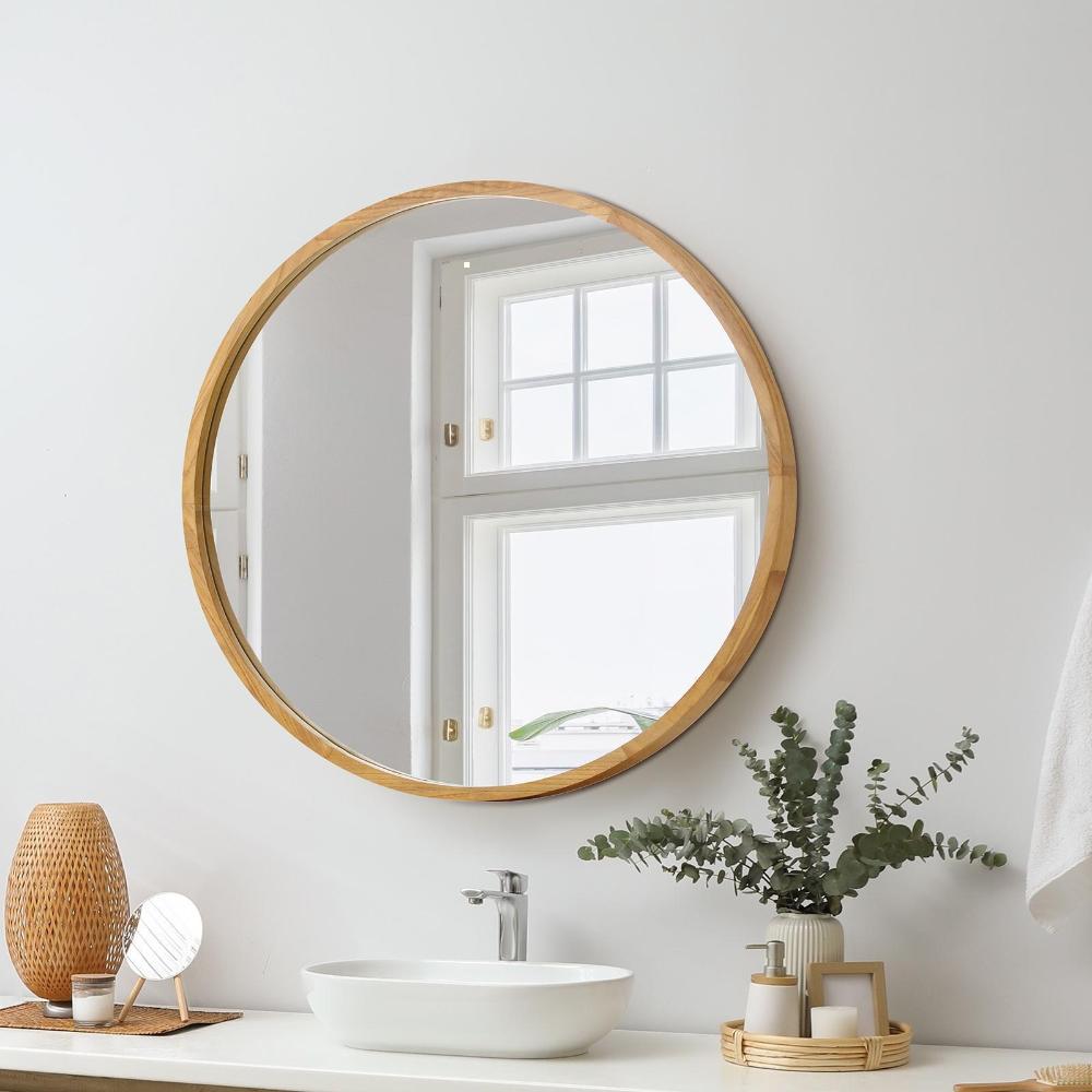 Oikiture Wall Mounted Mirror with Wood Frame 60cm Round Mirror for Living Room Bathroom Home Furniture-Wall Mirrors-PEROZ Accessories