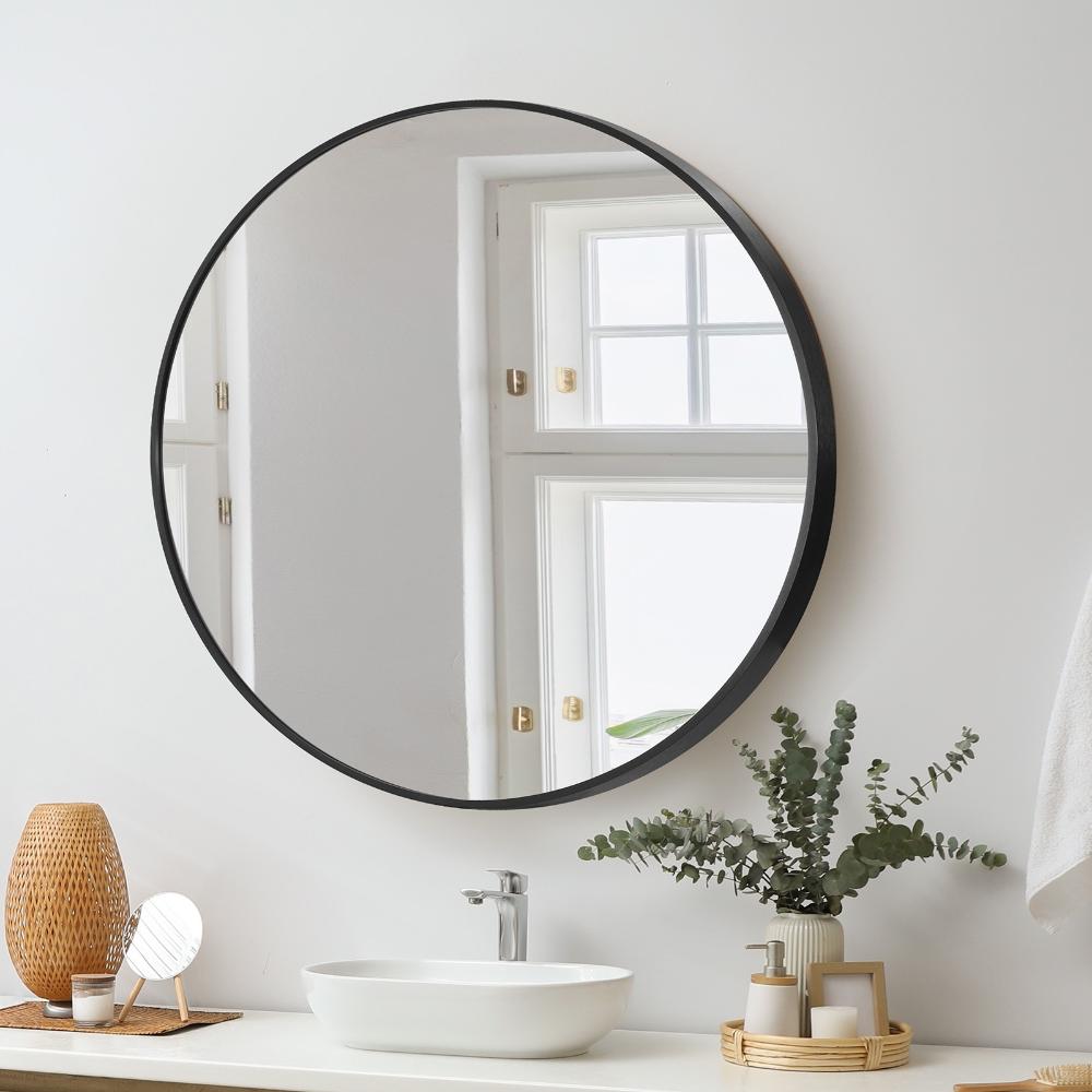 Oikiture Wall Mirrors Round 70cm Makeup Mirror Vanity Home Decro Black Bathroom-Wall Mirrors-PEROZ Accessories