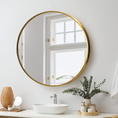 Oikiture Wall Mirrors Round 70cm Makeup Mirror Vanity Home Decro Gold Bathroom-Wall Mirrors-PEROZ Accessories