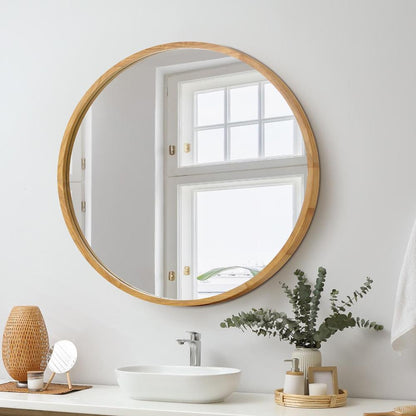 Oikiture Wall Mounted Mirror with Wood Frame 70cm Round-Wall Mirrors-PEROZ Accessories