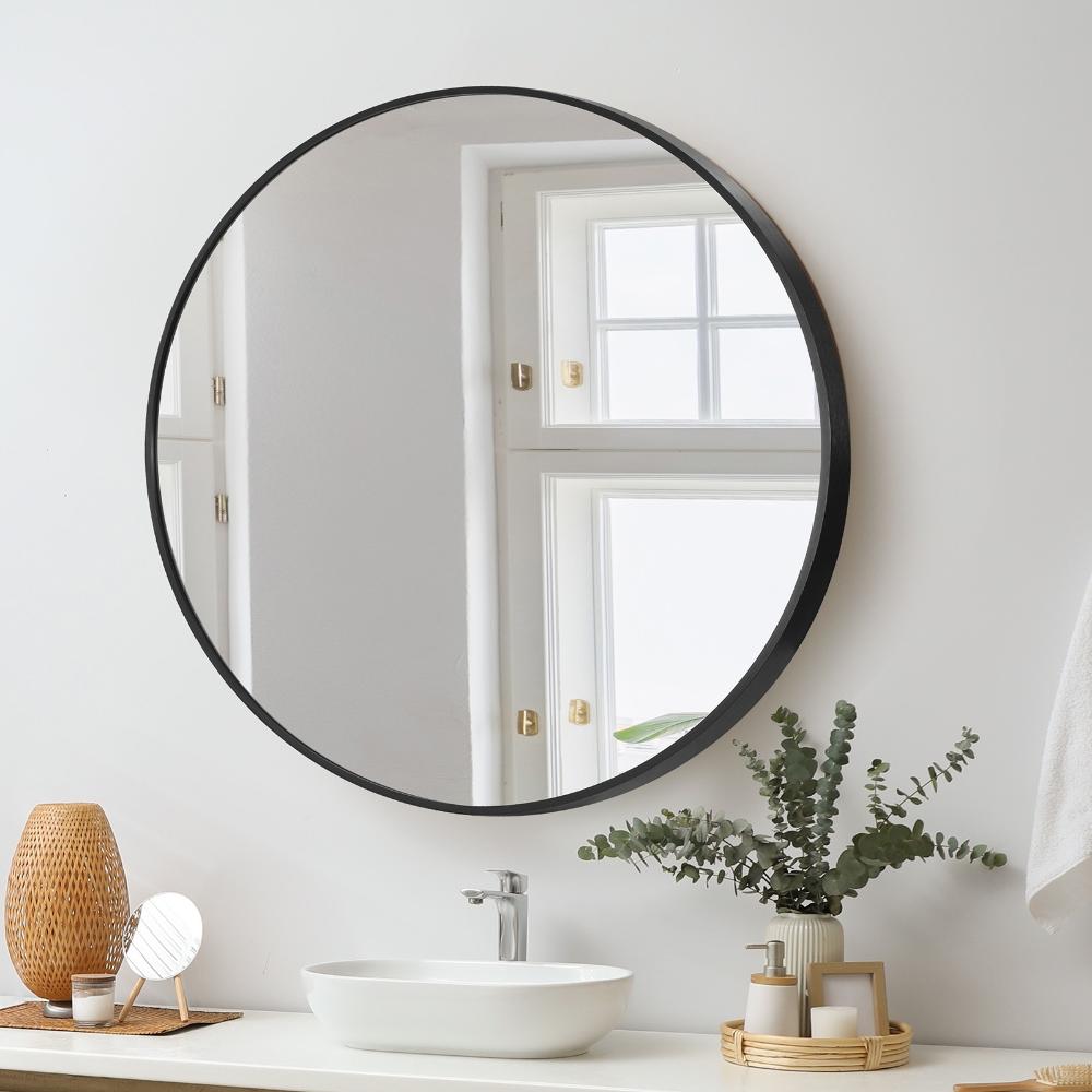 Oikiture Wall Mirrors Round Makeup Mirror Vanity Home Decorative Black 80cm-Wall Mirrors-PEROZ Accessories