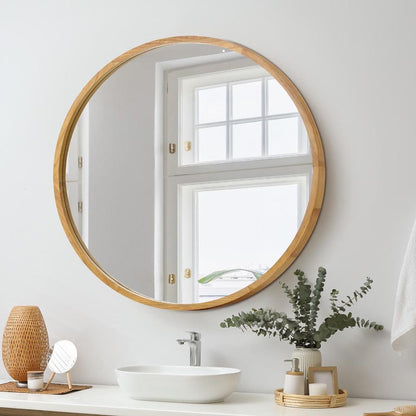 Oikiture Wall Mounted Mirror with Wood Frame 80cm Round Mirror for Living Room Bathroom Home Furniture-Wall Mirrors-PEROZ Accessories
