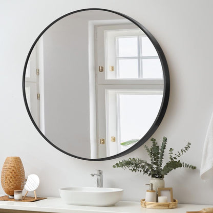 Oikiture Wall Mirrors Round Large Makeup Mirror Vanity Home Decro 90cm Black-Wall Mirrors-PEROZ Accessories