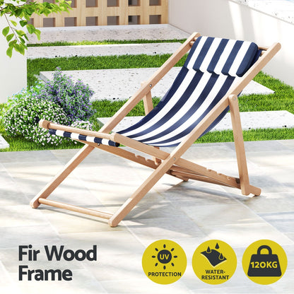 Gardeon Outdoor Deck Chair Wooden Sun Lounge Folding Beach Patio Furniture Blue-Sun Lounges-PEROZ Accessories