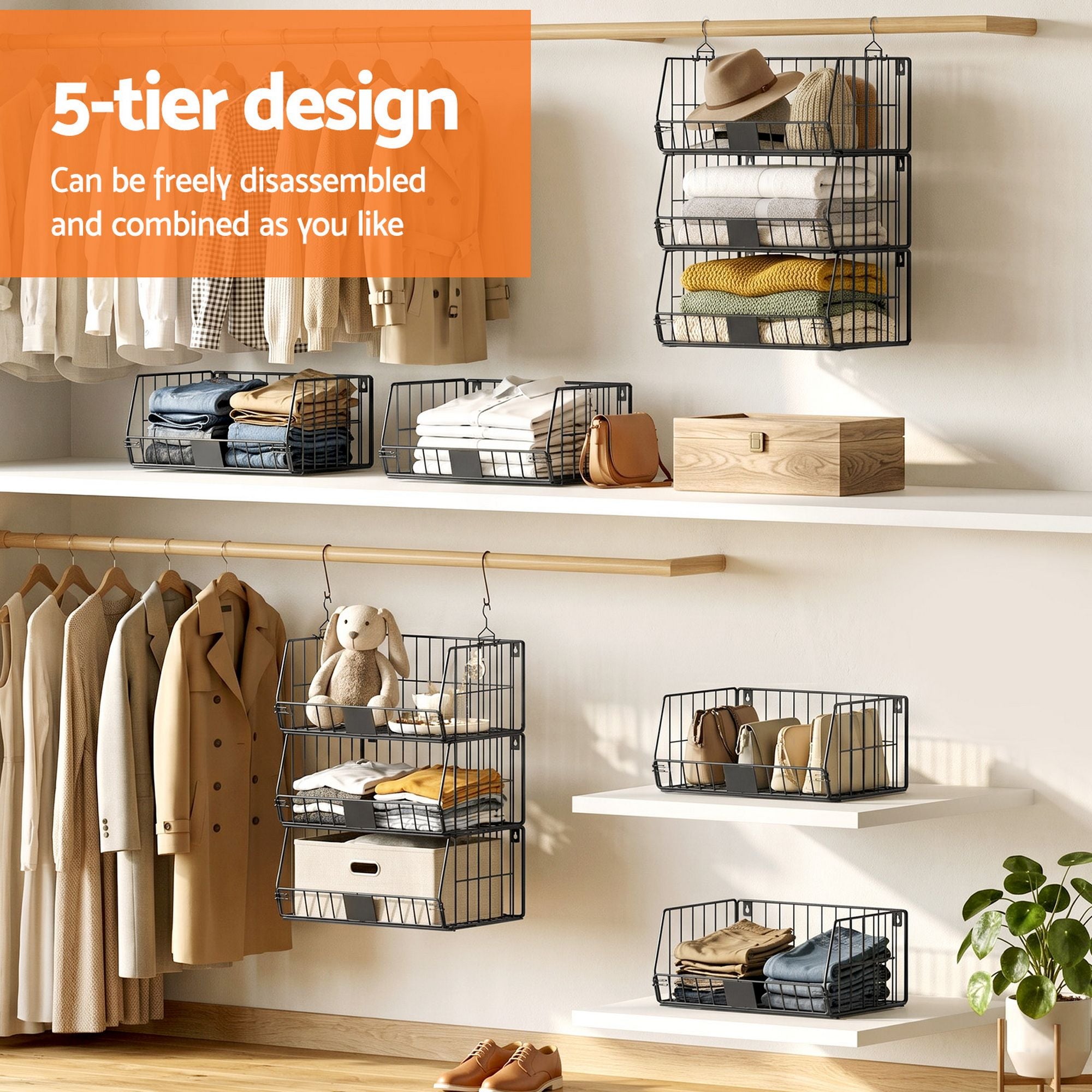 Artiss 5 Tier Stackable Closet Organizers and Storage Closet Hanging Storage Organizer Shelves-Home &amp; Garden > Storage > Clothing &amp; Wardrobe Storage-PEROZ Accessories