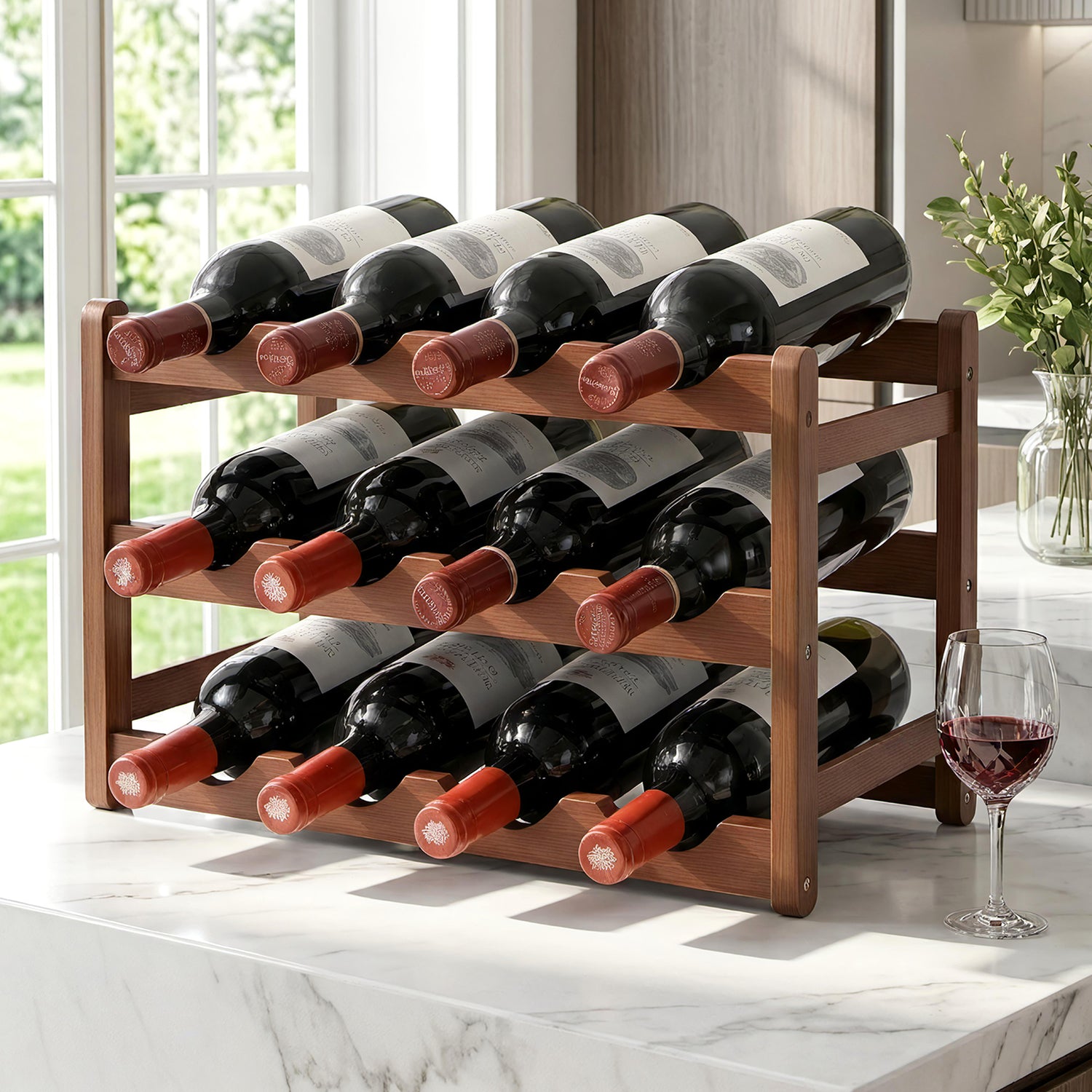 Artiss Bamboo Wine Rack 3-Tier Display Storage Organizer 12 Bottle Walnut-Furniture > Dining > Wine Racks-PEROZ Accessories