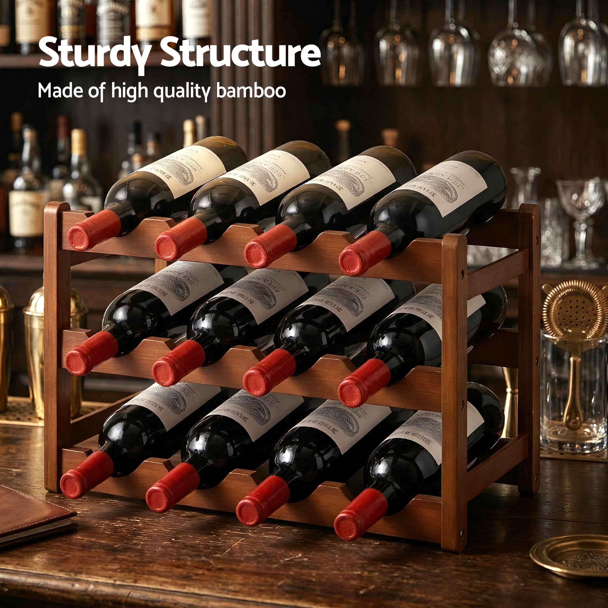 Artiss Bamboo Wine Rack 3-Tier Display Storage Organizer 12 Bottle Walnut-Furniture > Dining > Wine Racks-PEROZ Accessories
