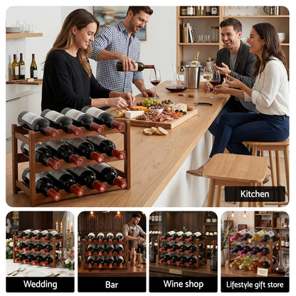 Artiss Bamboo Wine Rack 3-Tier Display Storage Organizer 12 Bottle Walnut-Furniture > Dining > Wine Racks-PEROZ Accessories
