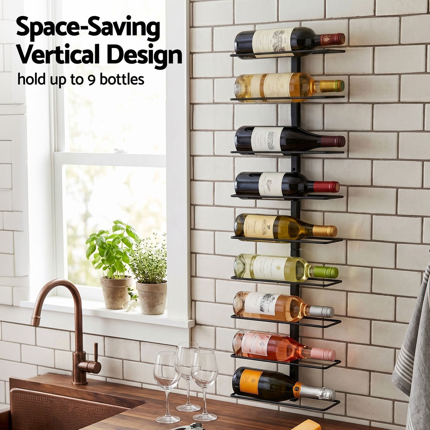Artiss Wall Mounted Wine Rack 9 Bottles Display Storage Organizer Metal Black-Furniture > Dining > Wine Racks-PEROZ Accessories